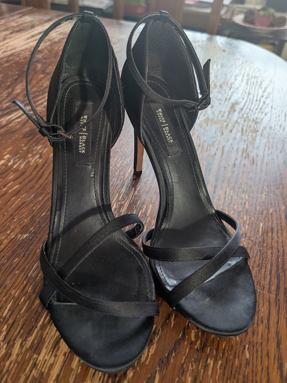 White House Black Market Black Strappy Ankle-Tie Stiletto Heels
